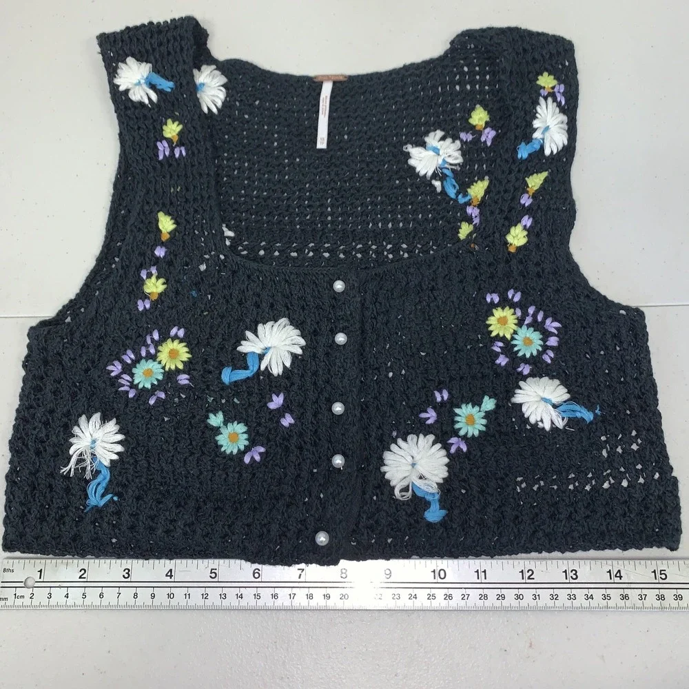 Free People Womens CS‎  Embroidered Crochet Wildflowers Cardi Tank Top Boho
